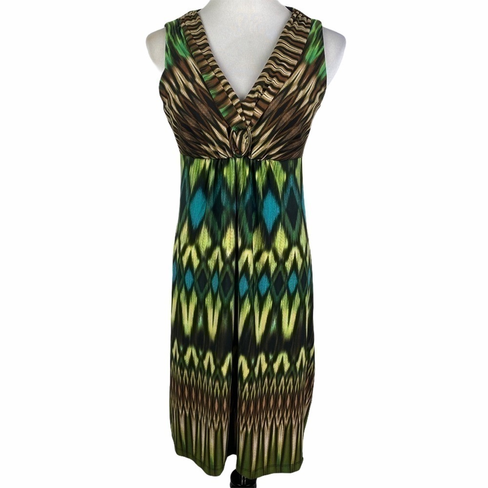 Perceptions Tribal V-Neck Midi Dress Women's 8 Green Brown‎ Sleeveless